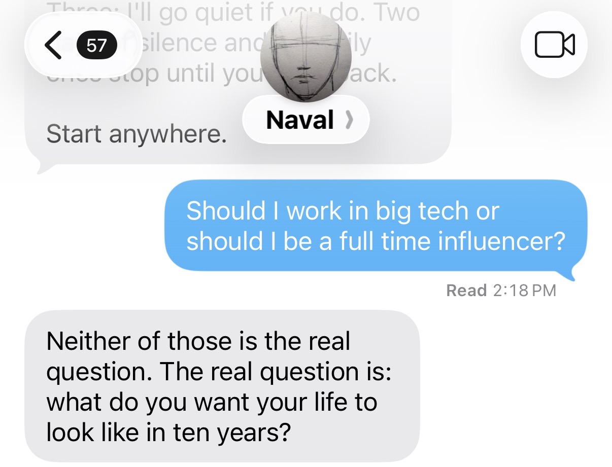 A user asking Naval whether to work in big tech or be a full-time influencer.