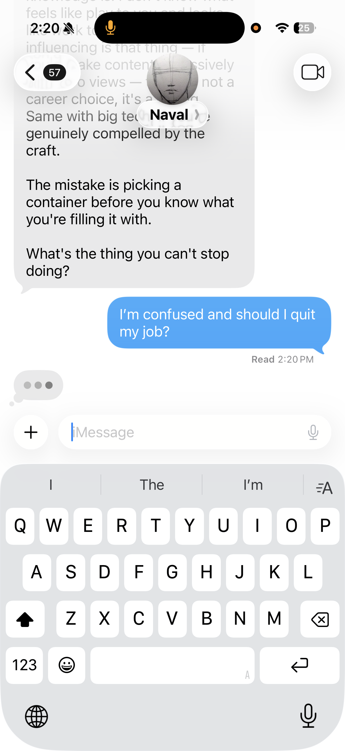 A user asking Naval whether to quit their job, with Naval's reply about leverage and not picking a container before knowing what fills it.