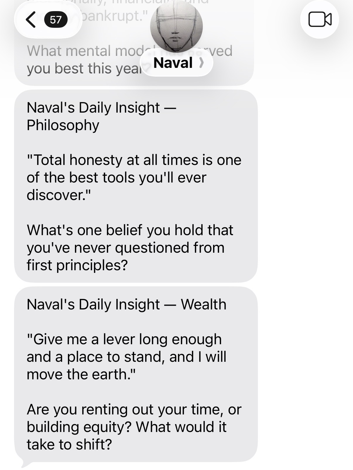 Naval's daily insights on philosophy and wealth, with reflective questions.