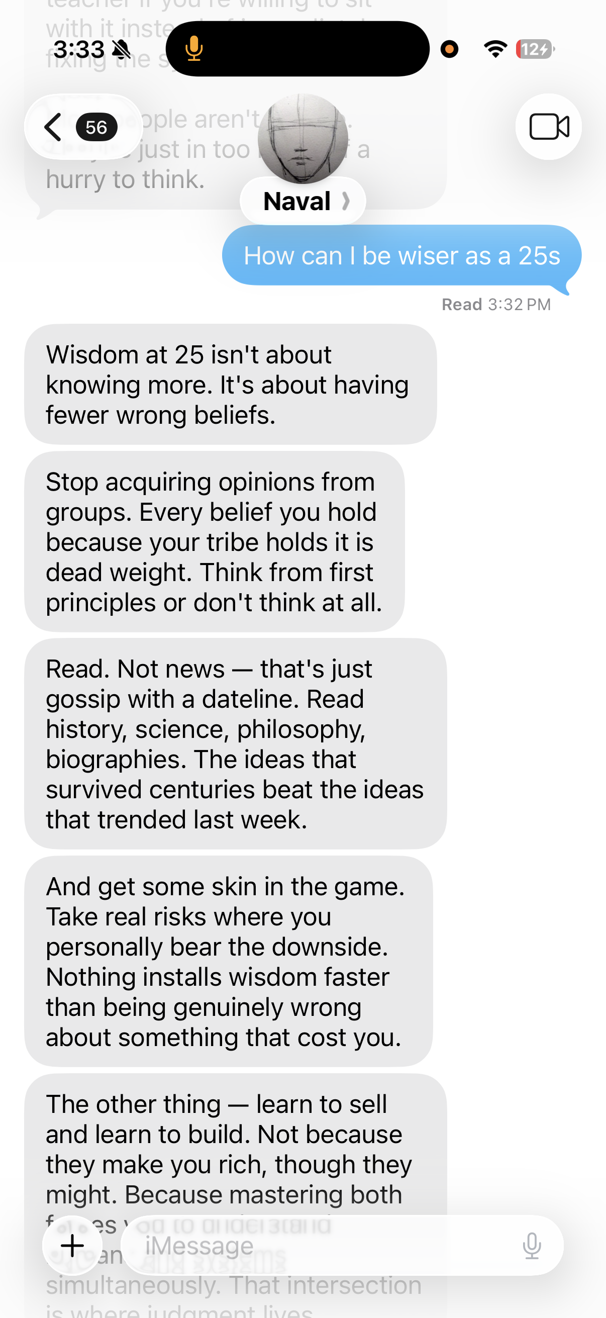 Naval's reply on becoming wiser at 25, talking about fewer wrong beliefs, reading deeply, and putting skin in the game.