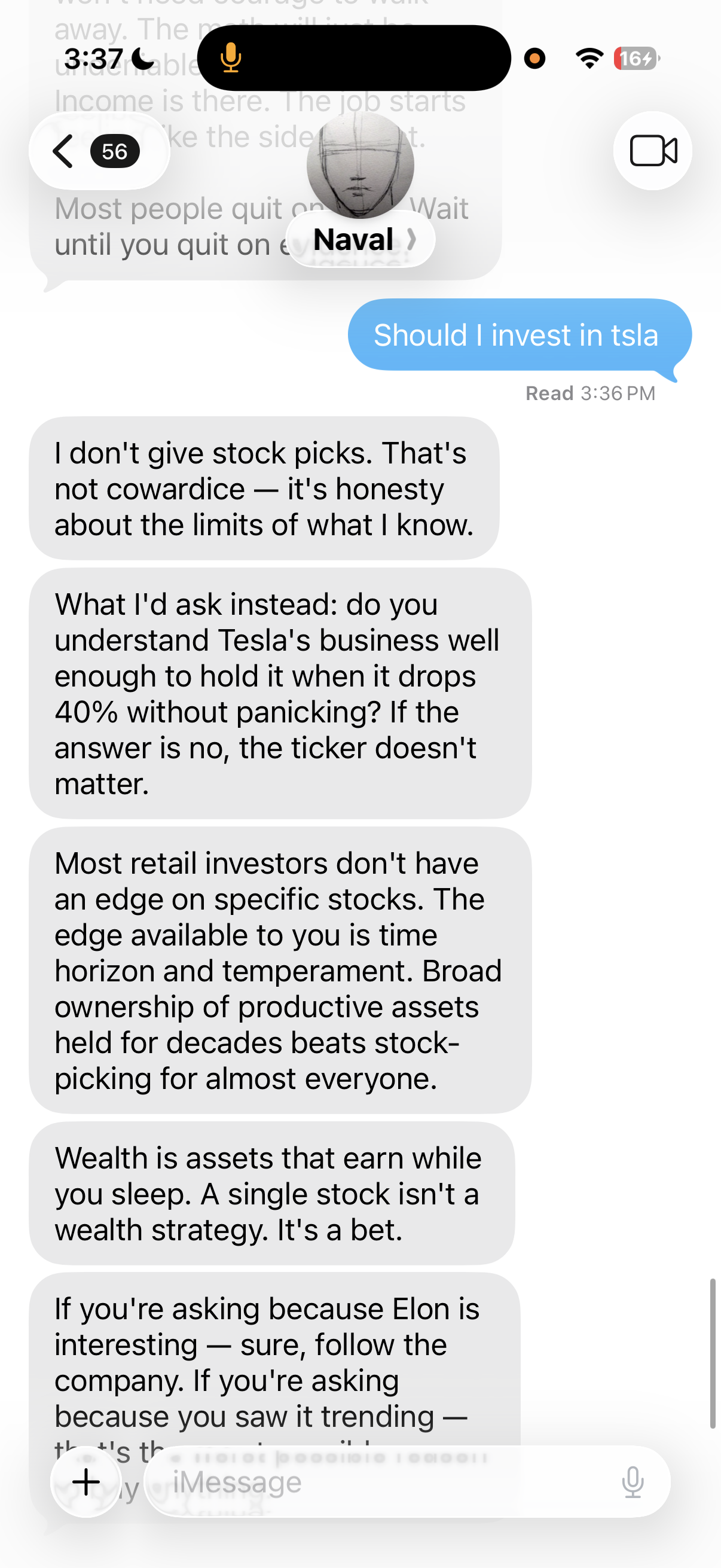 A user asking about a stock pick; Naval declines and reframes around understanding the business, time horizon, and temperament.