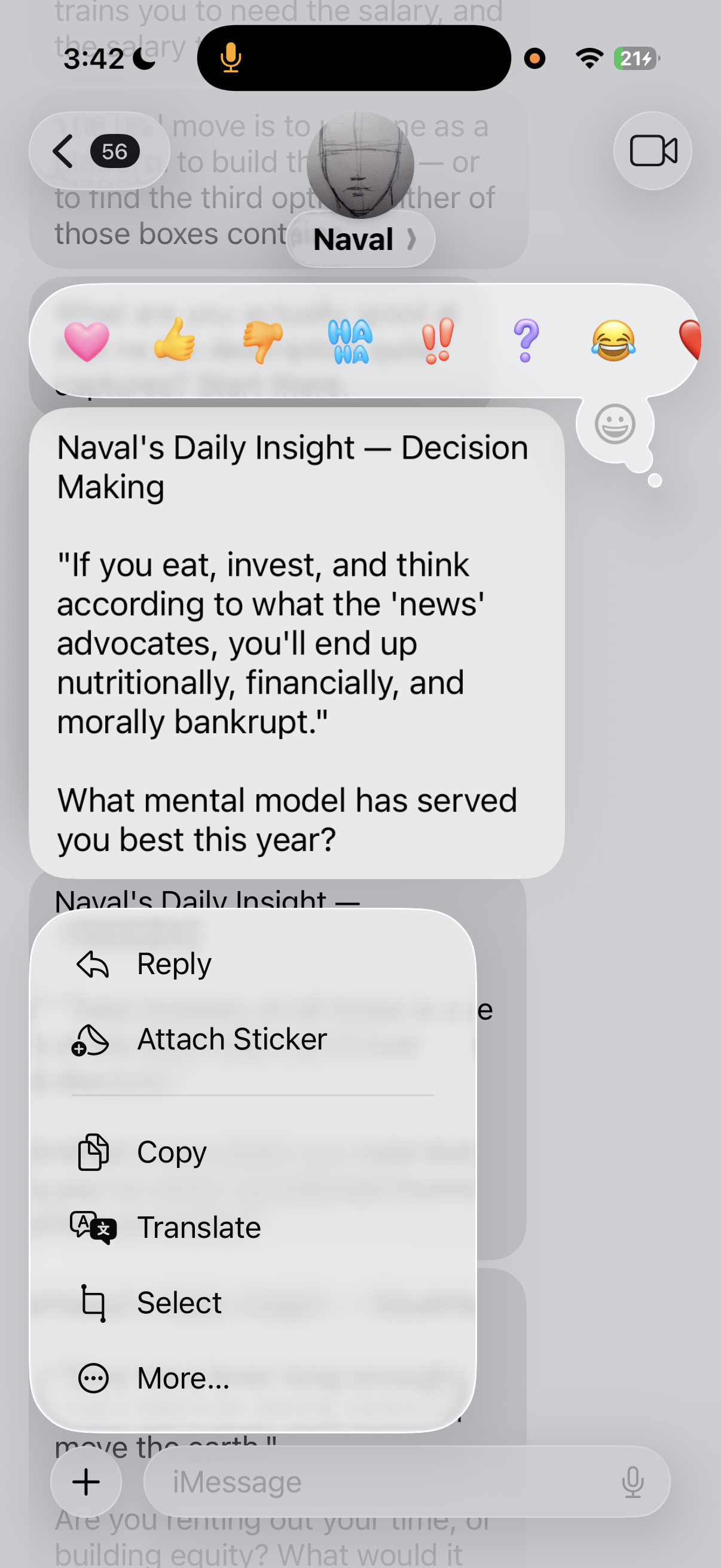 A daily insight about news, decision making, and mental models, shown with iMessage tapback reactions.
